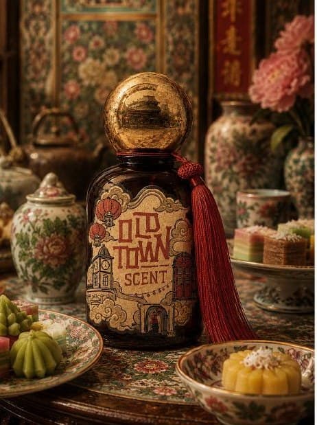 Bottle detail — kraft paper label with old town illustration